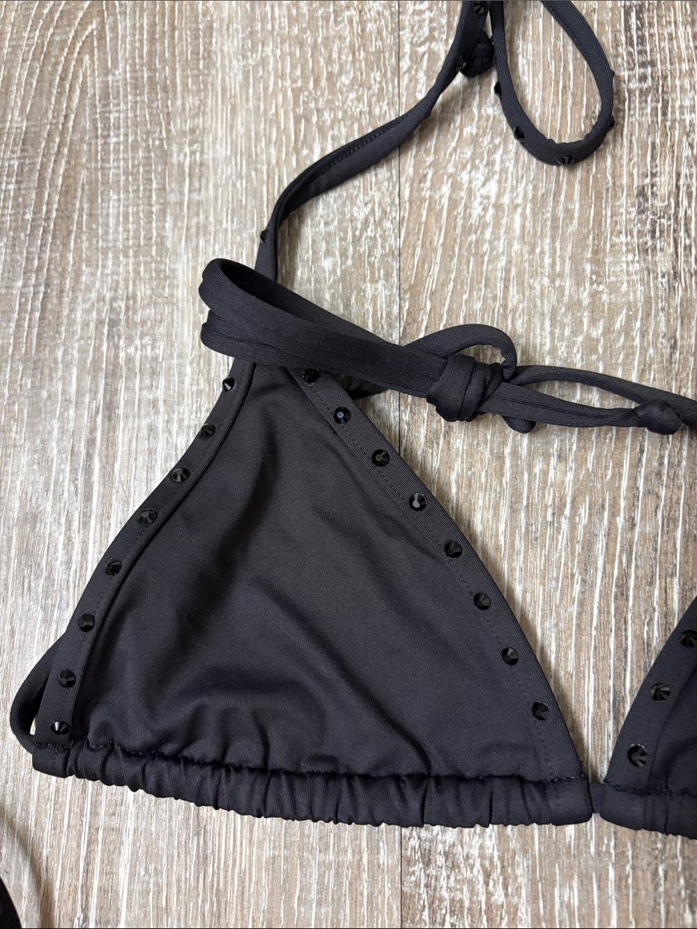 SKIMS Rhinestone Black Tie-Side Triangle Bikini Swim Set - Picture 2 of 6